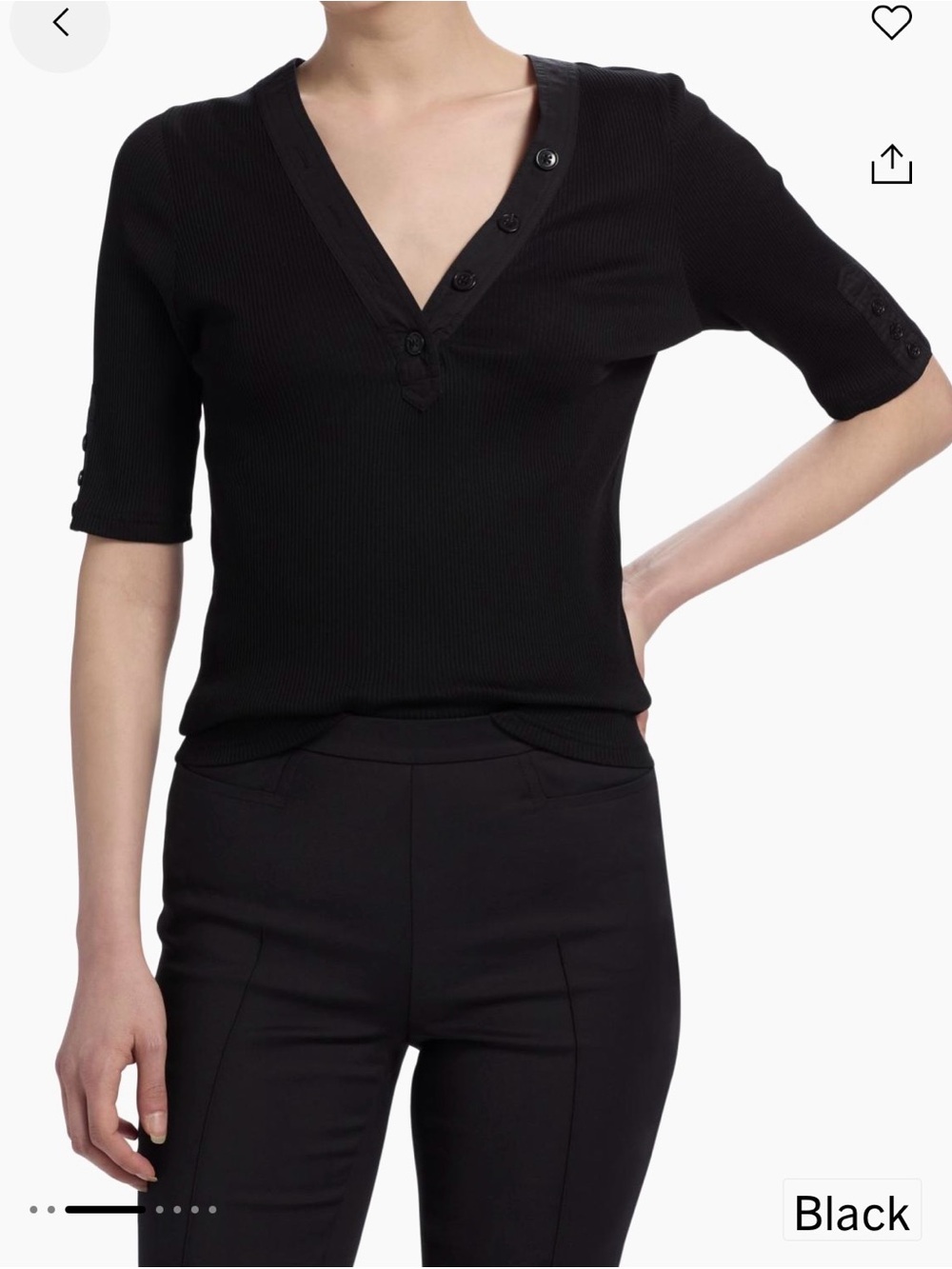 10 Crosby Derek Lam Adrian Black Ribbed V-Neck Button Elbow-Sleeve Top